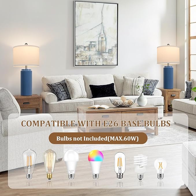 TOBUSA 23.5’’ Blue Table Lamps for Bedroom Set of 2, Modern Farmhouse Ceramic Bedside Nightstand Lamps for Living Room, Decorative Boho Ceramic Lamps Set for Home Office End Table Console, White Shade - Bloomnest