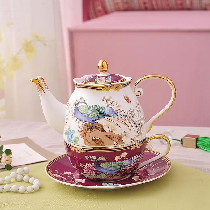 ACMLIFE Bone China Tea Set For One Teapot And Cup Set, Vintage Floral Tea Cup Set With Teapot and Saucer Set 12 Oz Bone China Teapot For One Set Red And White Gift Giving For Women (Fuchsia) - Bloomnest