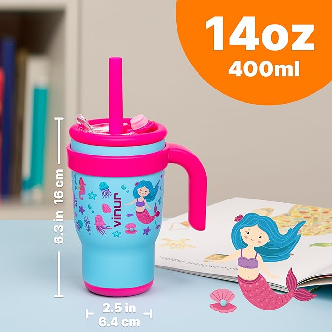 VINUR Kids Tumbler with Handle 14 oz Stainless Steel Double Wall Vacuum Insulated Tumbler with Lid and Straw, Leak Proof Water Cup for Travel(Mermaid) - Bloomnest