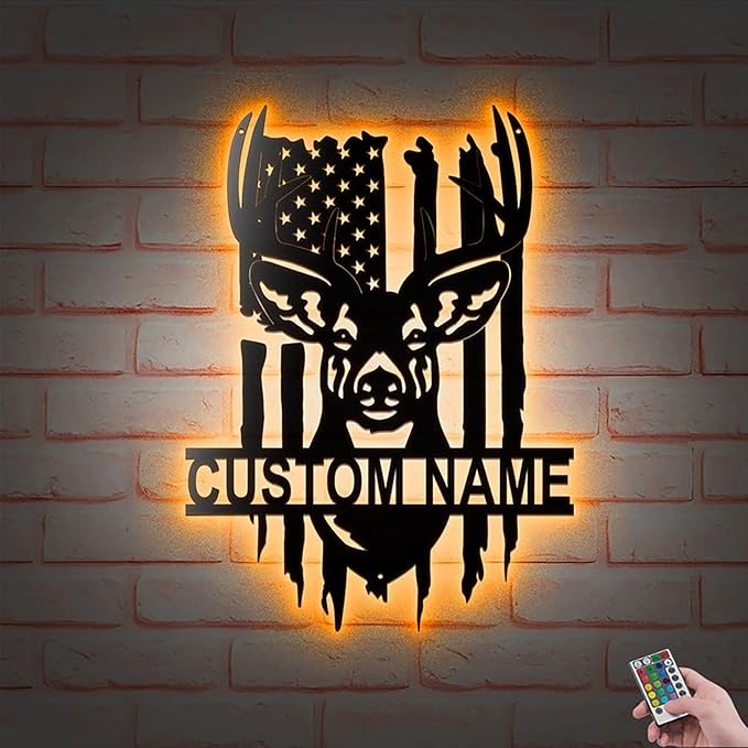 Lovely POD Personalized Metal Sign, Custom Us Deer Forest Hunting V1 Metal Wall Art Led Light, Personalized Hunter Name Sign Decoration For Home, Deer Hunting Home Decor - Bloomnest