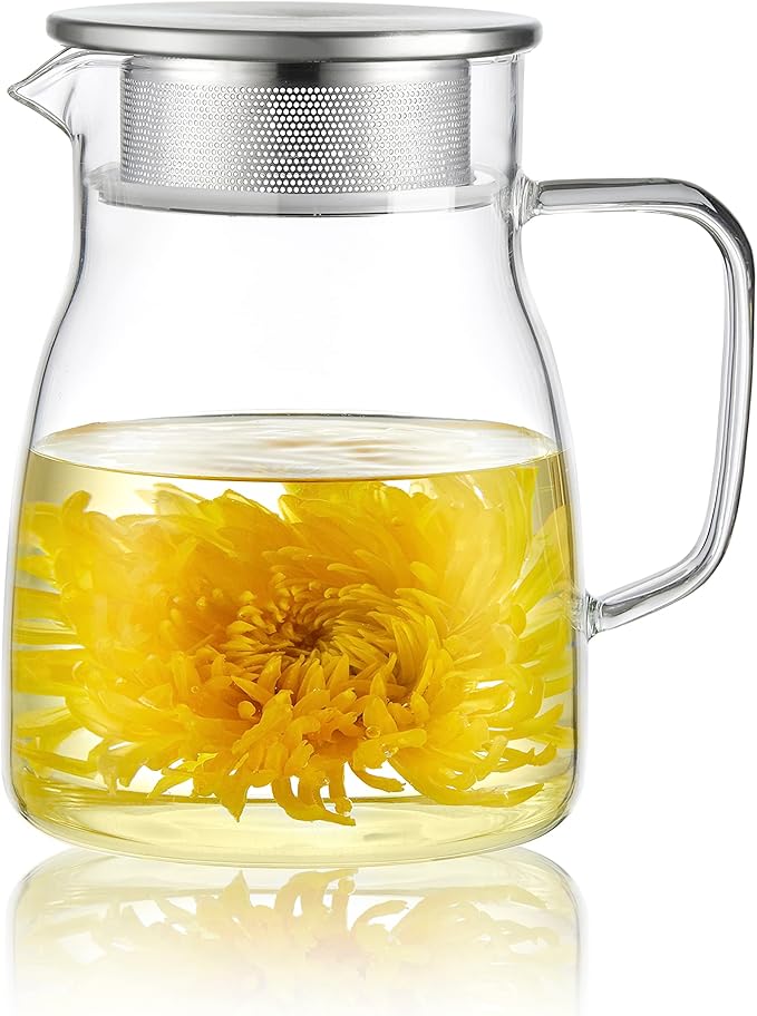 CNGLASS One-Touch Glass Teapot, 27oz(800ml) Glass Tea Kettle with Stainless Steel Filter Lid, Stovetop Safe Loose Leaf Tea Maker - Bloomnest