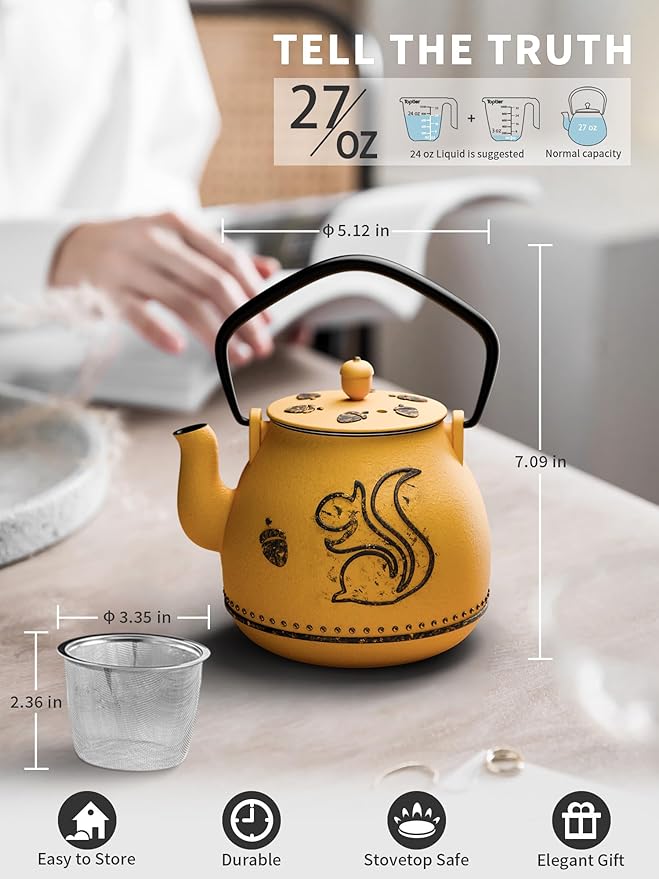 Toptier Teapot with Removable Infuser, Cast Iron Tea Kettle Stovetop Safe, Squirrel Design Tea Pot Coated with Enameled Interior for 32 Ounce (950 ml), Orange - Bloomnest