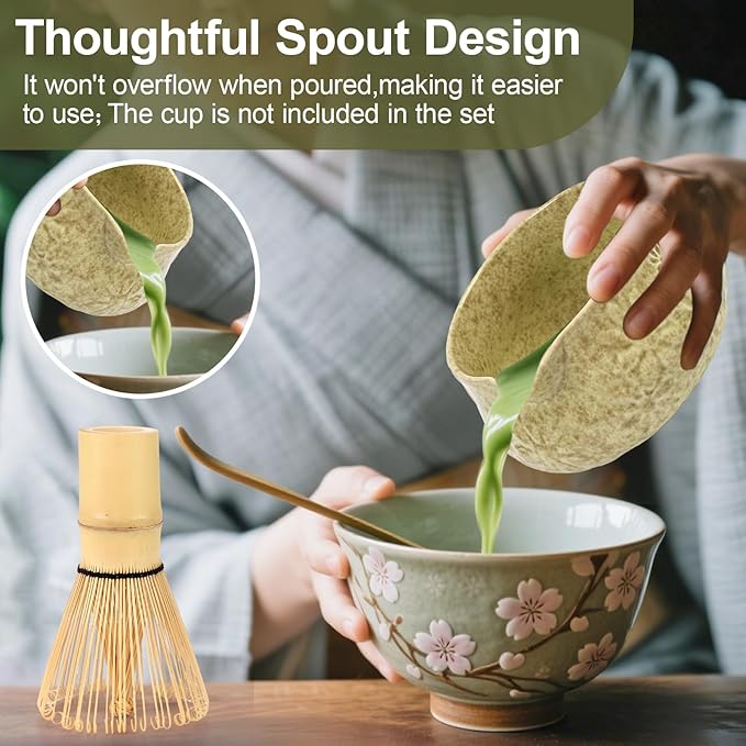 Matcha Whisk Set, 7 Pcs Matcha Kit Includes Matcha Bowl, Whisk and Holder, Bamboo Scoop, Scoop Rest, Sifter and Tea Towel, Gift for Matcha Lover (Mottled Green) - Bloomnest