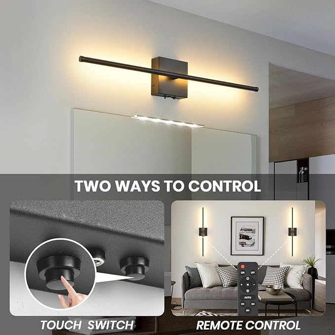 Battery Operated Wall Sconces with Remote Control, 11000mAh LED Wireless Rechargeable Black Wall Lights, 350°Rotate Dimmable Wall Lamp, 3 Color Temperatures, for Bedroom, Living Room, Hallway, 1 PCS - Bloomnest