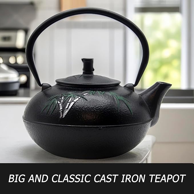 84.6oz Large Cast Iron Tea Kettle for Stovetop, Heavy Teapot with Stainless Steel Infuser for Loose Leaf, Japanese Style Tea Pot, 2500ml Black Tetsubin with Bamboo Pattern - Bloomnest