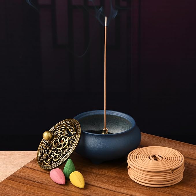 Ceramic Incense Burner with Incense Holder+ Fireproof Cotton,Handmade Smudging Burn Bowl for Stick or Coil Incense,Sage Cones, Frankincense and Mosquito Incense (Blue) - Bloomnest