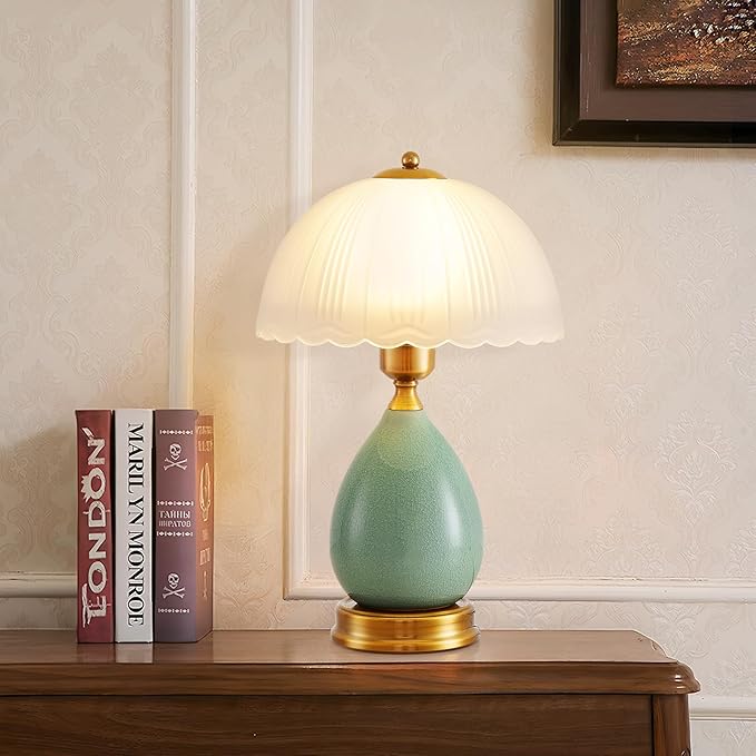 Table Lamps for Bedroom Vintage Golden Table Lamps for Bedroom Ceramic Retro Lamp for Living Room,16" Modern Bedside Nightstand Traditional Lamps, Classic Chinoiserie Green Glass Lamp for Home Decor - Bloomnest