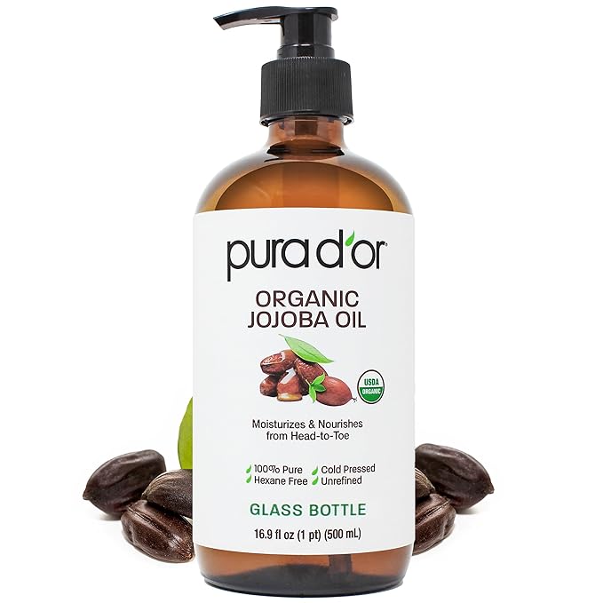 PURA D'OR 16.9 Oz Organic Jojoba Oil (GLASS BOTTLE) USDA Certified - 100% Pure & Natural Moisturizer - Cold Pressed, Unrefined, Hexane Free Base Carrier Oil For DIY Skin Care, Hair, Face & Nails - Bloomnest