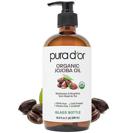 PURA D'OR 16.9 Oz Organic Jojoba Oil (GLASS BOTTLE) USDA Certified - 100% Pure & Natural Moisturizer - Cold Pressed, Unrefined, Hexane Free Base Carrier Oil For DIY Skin Care, Hair, Face & Nails - Bloomnest