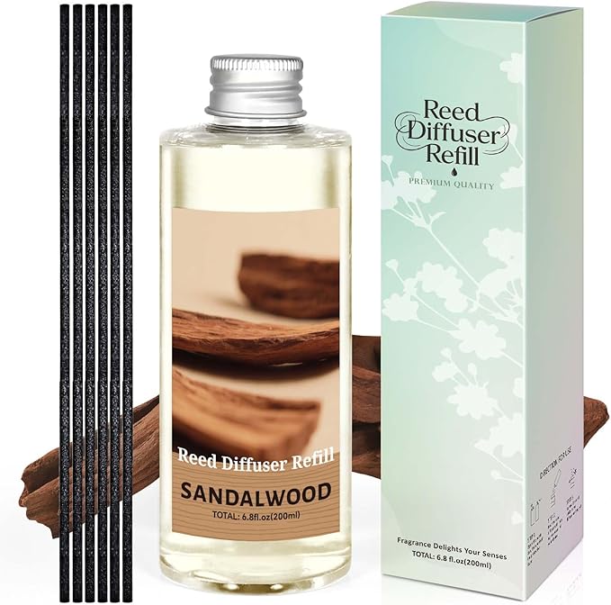 STRN Sandalwood Essential Oil Reed Diffuser Refill 200ml Long-Lasting Aromatherapy, Natural Fragrance Liquid with Eco-Friendly Bottle for Home, Bedroom, Spa - Bloomnest