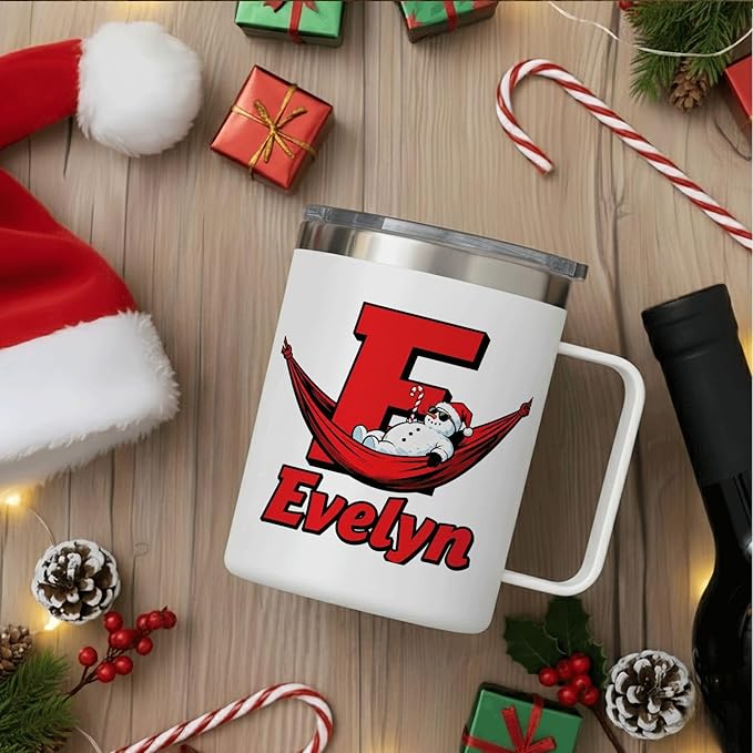 JugJug Personalized Christmas Mug with Initial & Name - Funny Chilling Snowman 12oz Insulated Coffee Cup w/Lid - Cool Xmas Gifts for Kids, Boys (B173) - Bloomnest
