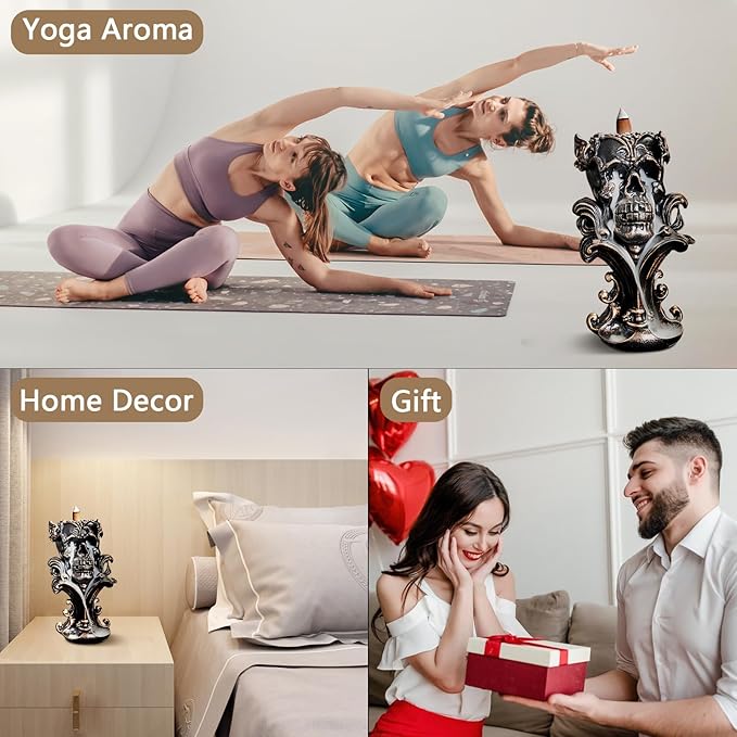 Comeon Backflow Incense Holder Burner Resin Skull Incense Burner Waterfall Incense Burner Home Decor + 20 Backflow Incense Cones + 30 Incense Sticks +1 Tweezer +1 Mat（Metallic Gold） - Bloomnest