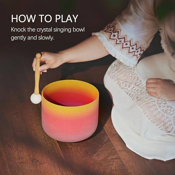 CVNC 440HZ 8 Inch Rainbow Colored E Note Solar Plexus Chakra Frosted Quartz Crystal Singing Bowl for Sound Healing and Meditation - Bloomnest