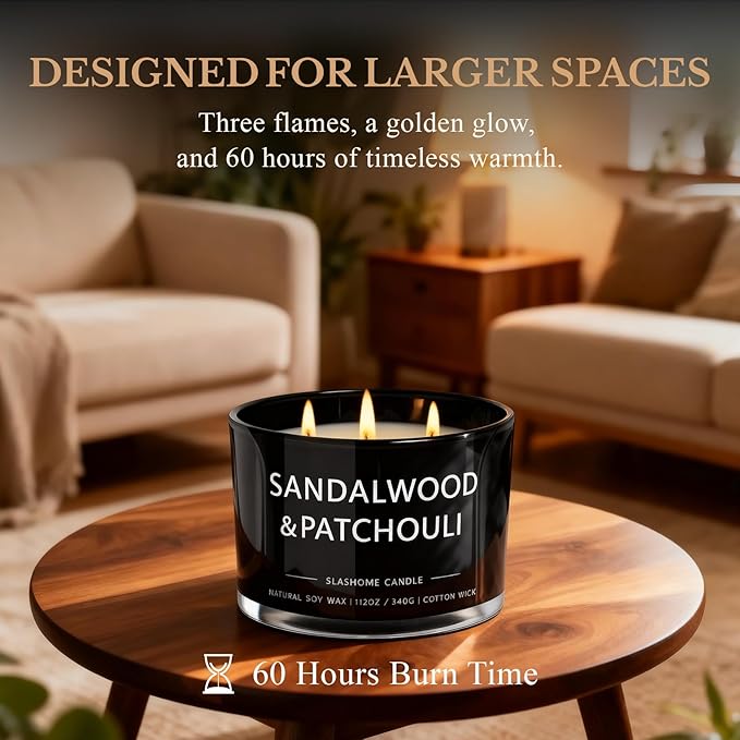 Patchouli Amber Candle, Large 3 Wick 12oz Soy Candle for Home Scented, Luxury Elegant Jar Candle Gift for Women & Men, Long-Lasting Non-Toxic Burn 60+ Hours, Warm Earthy Aromatherapy Home Décor - Bloomnest
