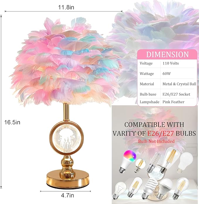 Colorful Feather Lamp Modern Crystal Table Lamp Fluffy Bedside Lamp Romantic Nightstand Light Cute Princess Desk Lamp for Teen Girl Wedding Deco Bedroom Living Room Entryway - Bloomnest