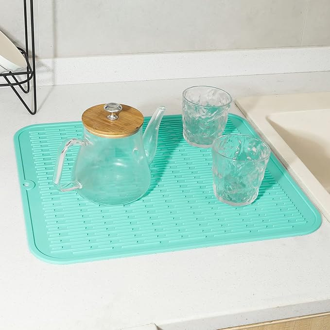 Silicone Dish Drying Mat for Multiple Usage,Easy clean,Eco-friendly,Heat-resistant Silicone Mat for Kitchen Counter or Sink,Refrigerator or Drawer Liner Mint XL 18 inches x 16 inches - Bloomnest