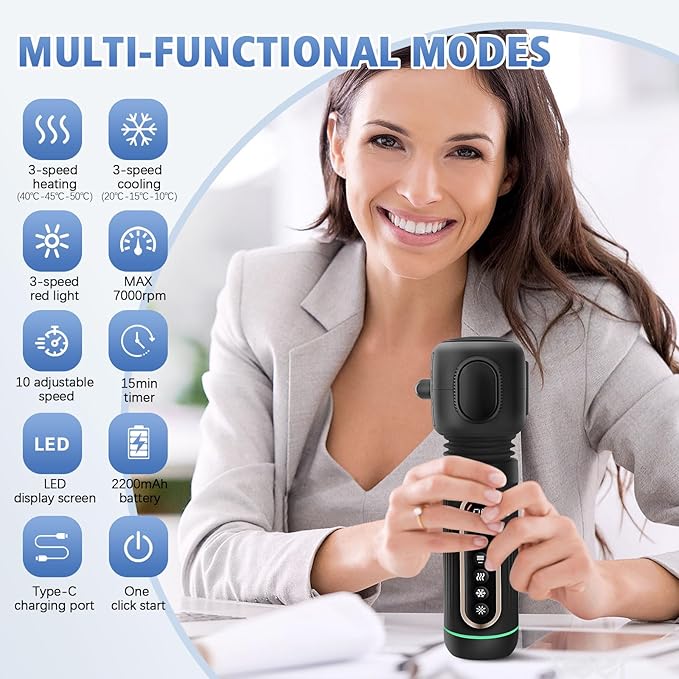 Handheld Vibrating Trigger Point Massage Tool - with Heat and Cold & Red Light - Deep Tissue Muscle Massager Gun for Full Body Pain Relief, Portable Fascial Massager -Gifts for Men & Women - Bloomnest