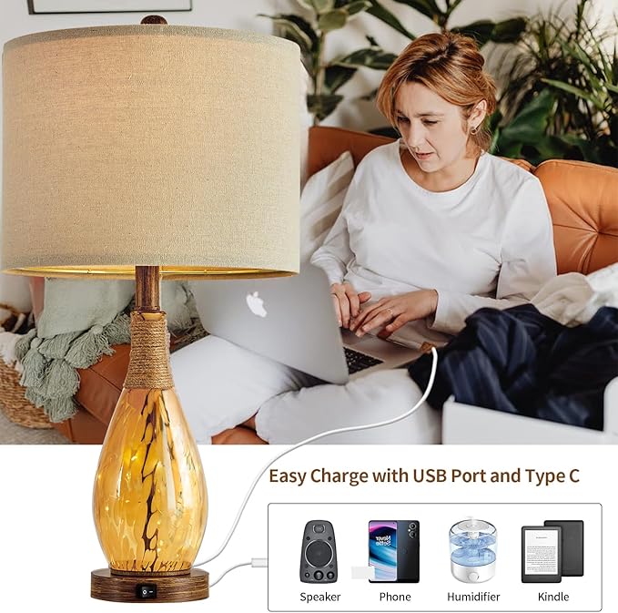 OYEARS 23" USB A+C Table Lamp for Bedroom Living Room Modern Bedside Lamps Retro Farmhouse Rattan Glass Nightstand Nightlight Lamps (Amber),Two Light Points - Bloomnest