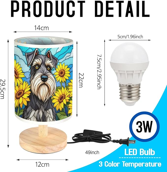 Miniature Schnauzer Table Lamp LED 3-Color Pressed Bedside, Dog Shade Lamp with Wood Base for Bedroom Living Room Desk Office - Bloomnest