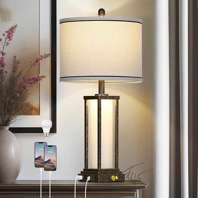 27" Tall Vintage Table Lamp with USB C+A & Outlet,Bronze Industrial End Table Lamp for Living Room,Farmhouse Rustic Bedside Lamp with Frosted Glass Night Light for Bedroom Nightstand,Bronze-1P - Bloomnest