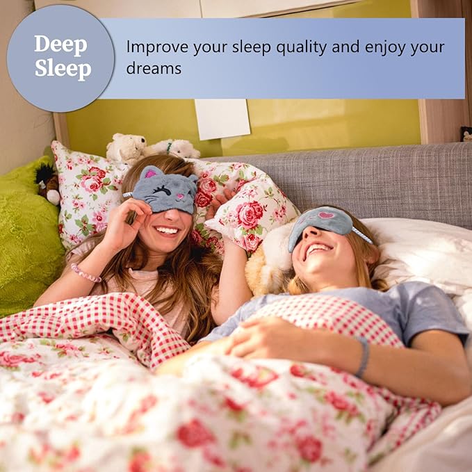 Cute Sleep Masks - Cartoon Animal Cat Eye Mask, Plush Sleeping Mask & Travel Blindfold - Funny Kitten Eye Shade for Kids, Girls & Adults (Grey Cat) - Bloomnest