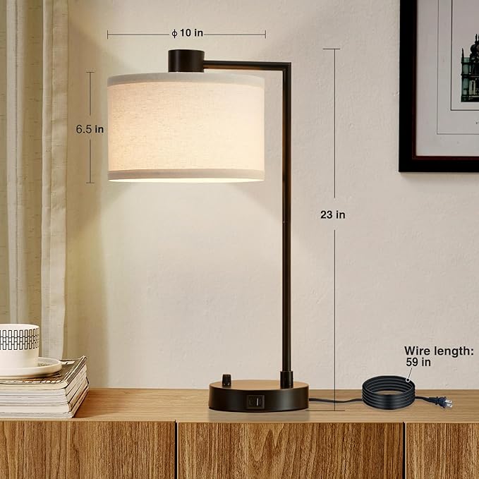 Luvkczc Table Lamp for Bedroom Set of 2 with USB C+A Ports, Fully Stepless Dimmable Bedside Lamp with Linen Lampshade, Contemporary Lamp for Living Room Reading Office, 2 LED Bulbs Included (Black) - Bloomnest