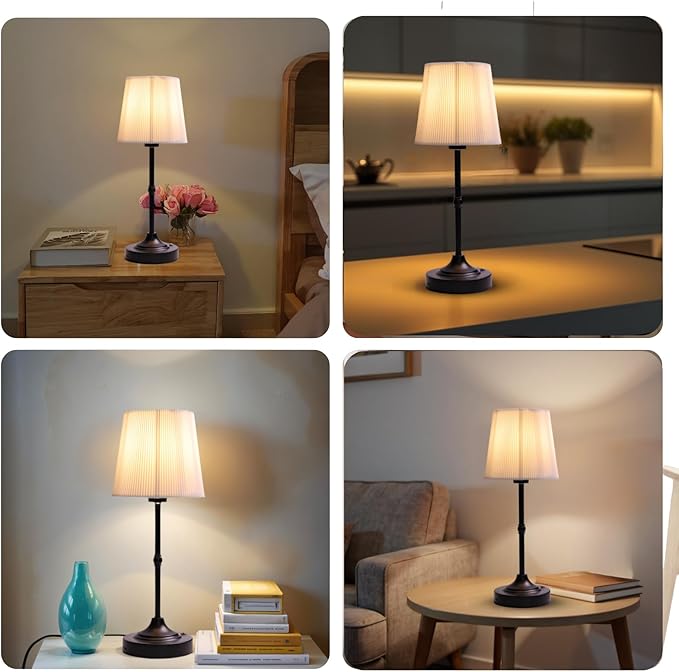 Rechargeable Cordless Table Lamp, Warm Desk Light, Wireless Touch Lamps with Stepless Dimmable Brightness & Fabric Shade for Nightstand Bedside Living Room (Black, Twill) - Bloomnest