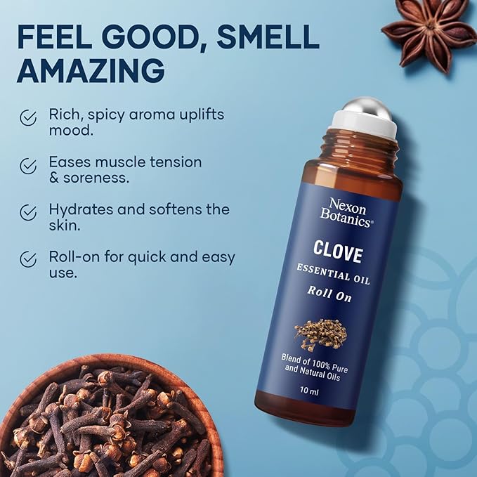 Clove Essential Oil Roll On 10 ml - Pre-Diluted Roller for Skin, Teeth & Aromatherapy - Ready to Use - Made from Pure Natural Oils - Nexon Botanics - Bloomnest