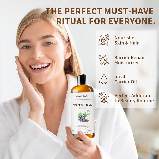 MAYJAM Organic Grapeseed Oil for Skin & Hair 16 oz, USDA Certified 100% Pure & Natural Grape Seed Oils, Cold Pressed Body Massage Carrier Oil for Skin Face Essential Oils Mixing, Hexane Free - Bloomnest