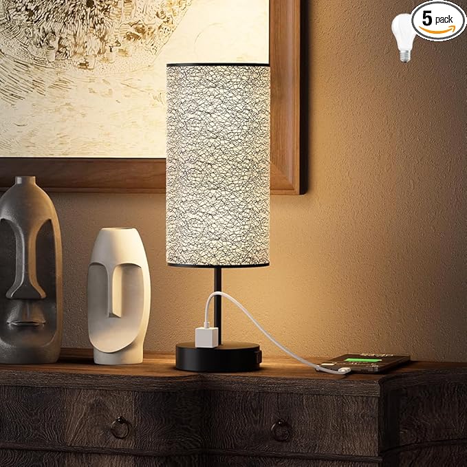 Table Lamp for Bedroom with Touch Control,Bedside Lamp with USB C+A Charging Ports& AC Outlets, Adjustable 3color LED Light for Home Decor/Nightstand/Bedroom/Office,Included Bulb - Bloomnest