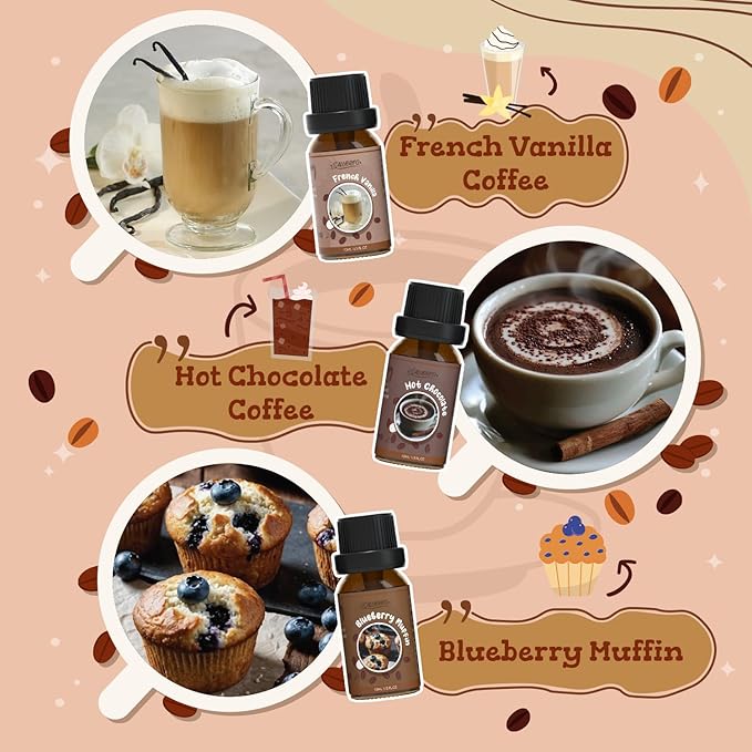 SALUBRITO Coffee Fragrance Oils Set, Premium Essential Oils for Diffuser, Candle, Soap Making, Blueberry Muffin, Eggnog Latte, Caramel Machhiato, Cafe Mocha, French Vanilla, Hot Chocolate, Scented Oil - Bloomnest