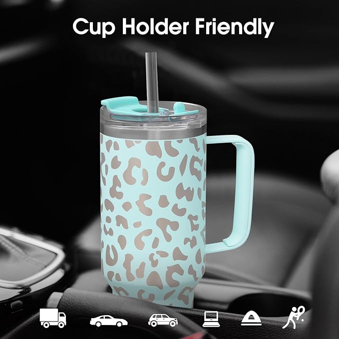 COKTIK 40 oz Tumbler With Handle and Straw Lid, Vacuum Insulated Travel Coffee Mug Stainless Steel Insulated Cup for Beverages, Leak-proof, Cupholder Friendly (Seafoam Leopard) - Bloomnest
