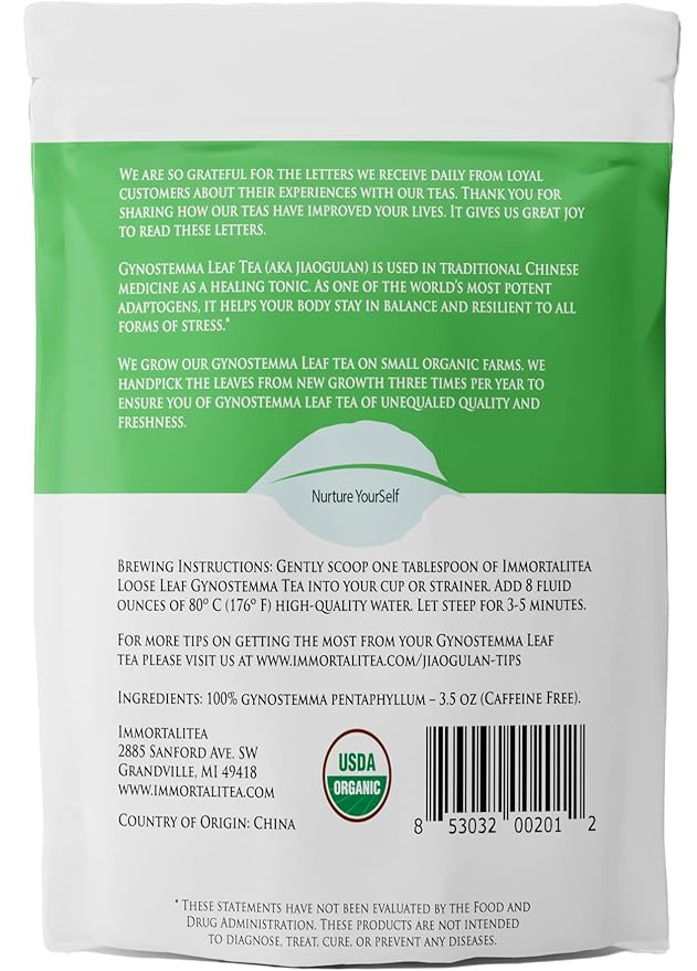 Immortalitea Gynostemma Tea USDA Organic Jiaogulan Loose Leaf Tea | Naturally Sweet Adaptogen | AMPK Metabolic Activator | Caffeine-Free Herbal Tea 3.52 oz - Bloomnest