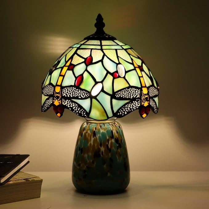 Tiffany Mushroom Table Lamp Dragonfly Style Blue Stained Glass Accent Lamp Brown Blue Glass Base 8X8X12 Inch - Bloomnest