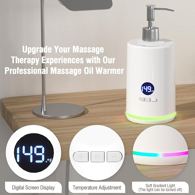 Massage Oil Lotion Warmer, Massage Oil Heater for SPA Massage Therapy and Personal Use, Portable Body Oil Warmer Dispenser with Two Massage Bottles, Adjustable Temperature(86-149°F), White - Bloomnest