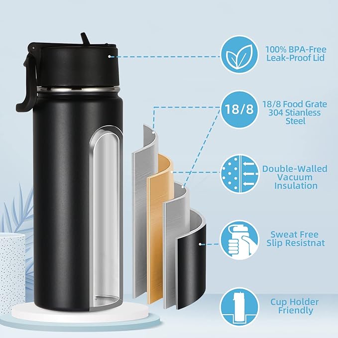 Volhoply 16 OZ Kids Water Bottle Bulk 4 Pack,Insulated Sports Bottles with Straw Lid,Stainless Steel Bottle with Handle Keep Cold & Hot,Double Wall Vacuum Tumbler Cups for School,Girls(Black, 4) - Bloomnest