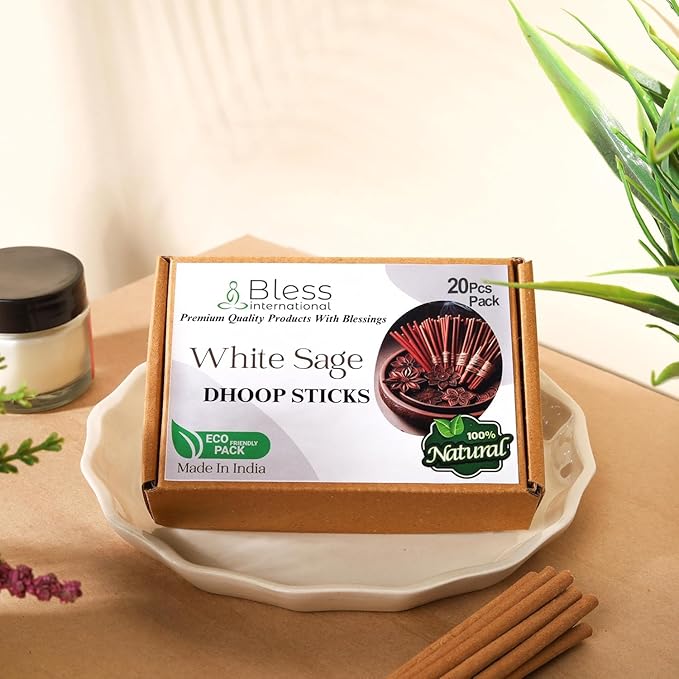 Bless-International White-Sage-100%-Natural-Incense-Bambooless-Dhoop-Sticks Handmade-Organic-Chemicals-Free for-Purification-Relaxation-Positivity-Yoga-Meditation The-Best-scents-4.5-Inches-20-Sticks BlessInternational