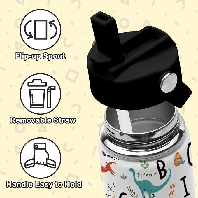 Alphabet Dinosaur Water Bottle for Boys, 16oz Kids Stainless Steel Insulated Water Bottle with Straw Lid, Dinosaur Dino Cup Tumbler Gifts for School - Bloomnest