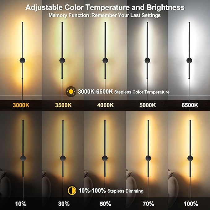 Wall Sconces Set of Two with Remote, Stepless Colors 3000K-6500K & Stepless Dimming, Hardwire or Plug-in, 180° Rotate, LED Black Plug in Wall Sconces with Timer & Night Light, 23.6 Inches - Bloomnest