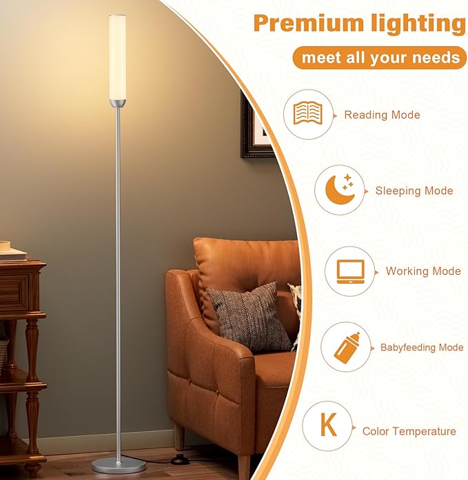 LED Floor Lamp with Remote Control, 65" Standing lamp with Stepless Adjustable 3000K-6500K Colors & 5%-100% Brightness, Foot Switch(Silver) - Bloomnest