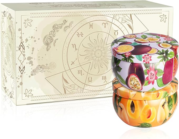 Set of 2 | 2.5-Ounce Scented Jar Candles - Fruit Style - Perfect for Home, Spa, Yoga Studio - Vibrant Colorful Iron Can Jars Candles(Passion Fruit & Apricot Fragrance) - Bloomnest