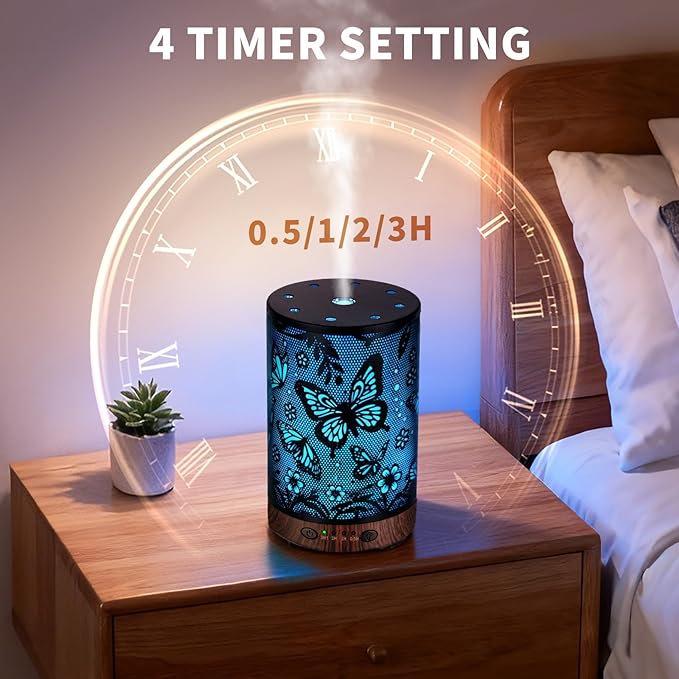 Essential Oil Diffuser 120ML Metal Aromatherapy Diffuser with Timer, Cool Mist Humidifier with Auto Shut-Off & 7 Color Lights for Home Office Spa (Big Butterfly) - Bloomnest