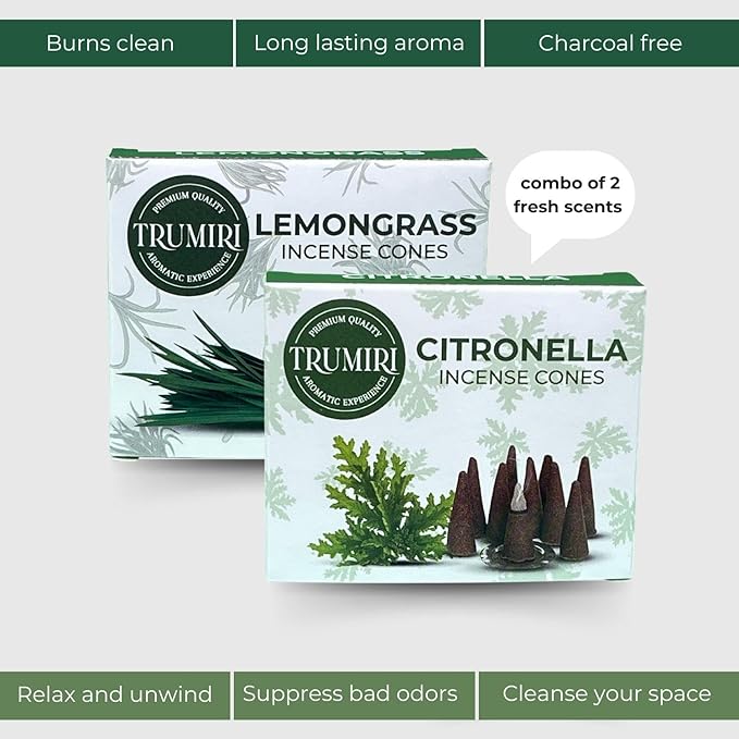 TRUMIRI Incense Cones - Combo Pack of 20 Cone Incense - 10 Citronella + 10 Lemongrass - Insence Cones - Incense Cones Scented - Cone Incense Scents - Insense Cones - Incent Cone TRUMIRI