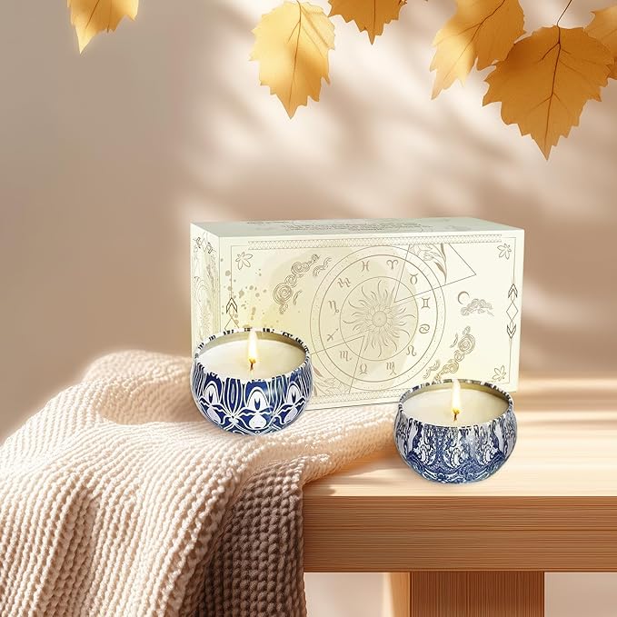 2 Pack 2.2-Ounce Scented Jar Candles - Blue&White Pordcelain Style - Perfect for Church, Family, Wedding, Party- Vibrant Colorful Iron Can Jars Candles(Lemon &Bergamot Fragrance) - Bloomnest