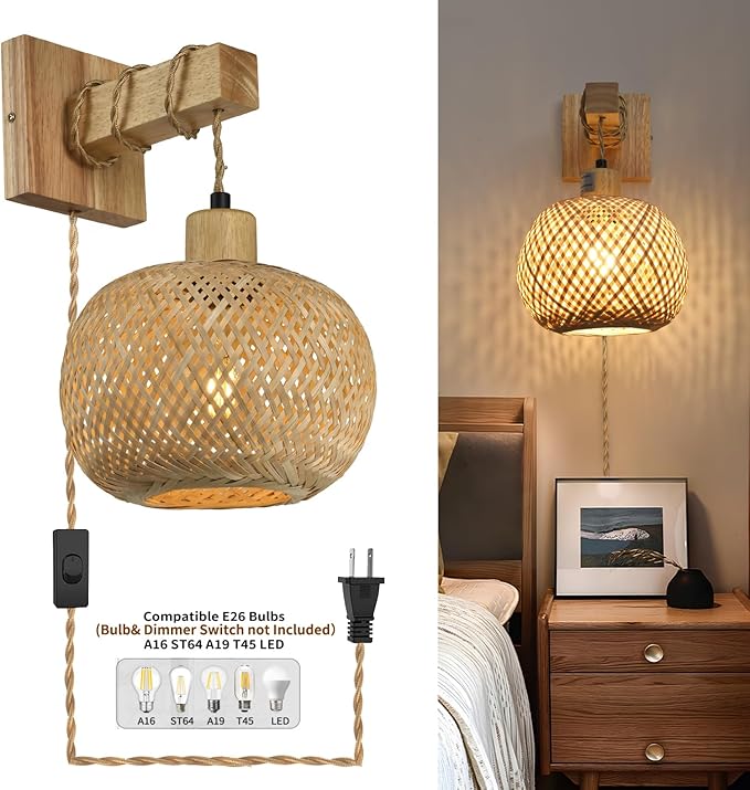 Bamboo Plug in Wall Sconces Set of Two, Hand Woven Boho Wall Lamp Plug in Cord Wall Sconces for Bedroom Living Room Farmhouse - Bloomnest