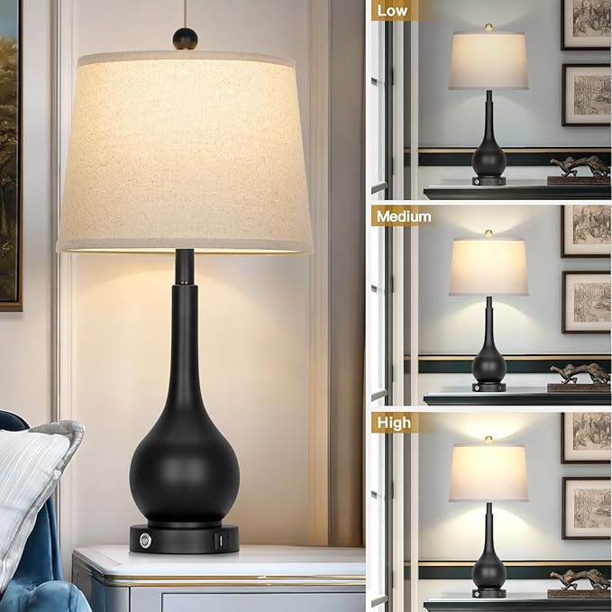 26" Black Table Lamps Set of 2 for Living Room, Touch Control Bedside Lamp for Bedroom, 3-Way Dimmable Nightstand Lamp with USB A+C Port (2 LED Bulbs Included) - Bloomnest