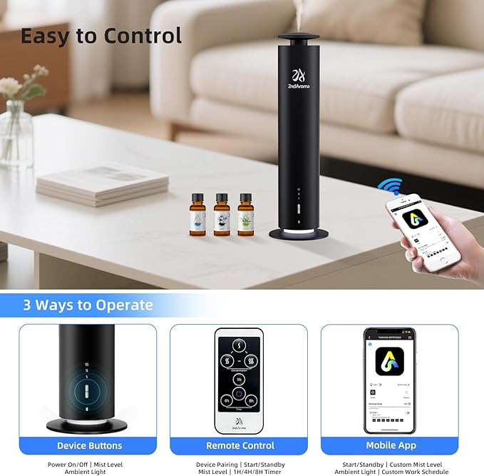 Waterless Scent Diffuser Starter Kit, Diffusers for Home Office Hotel 1000 Sq Ft Coverage, Cordless Essential Oil Diffuser Large Room with 3 Mood Lights, 3 Scent Oils, App Control, Black - Bloomnest