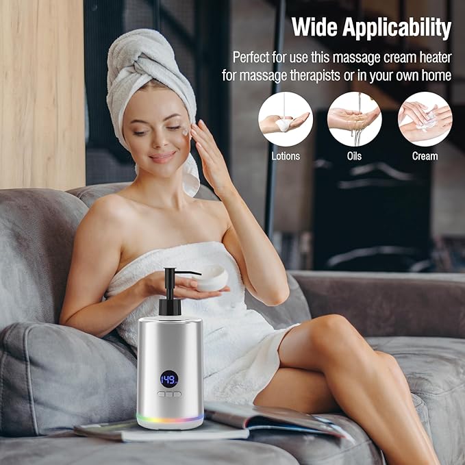 Massage Oil Lotion Warmer, Massage Oil Heater for SPA Massage Therapy and Personal Use, Portable Body Oil Warmer Dispenser with Two Massage Bottles, Adjustable Temperature(86-149°F), Silver - Bloomnest