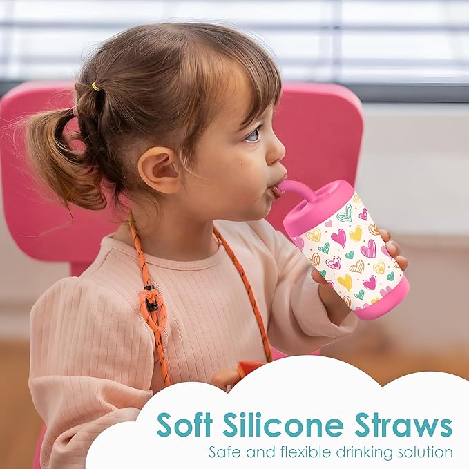 Kid Insulated Stainless Steel Tumbler with Silicone Straw, 12oz Sippy Cup for Kids (Playful Hearts) - Bloomnest