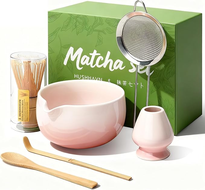 Matcha Whisk Set, Ceramic Matcha Set Includes Bowl & Holder, Bamboo Whisk (Chasen), Scoop, Spoon and Sifter, 6PCS Matcha Kit Covers Everything Needed for Making Matcha (Pink) - Bloomnest